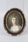 A GOOD 19TH CENTURY GERMAN PORCELAIN OVAL PLAQUE depicting ZOFIA POTOCKA in an ebonised frame.