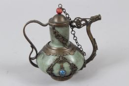 A SMALL CHINESE STONE AND METAL TEAPOT with lid set with stones. 12.75cms high.