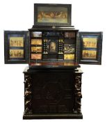 A VERY GOOD 17TH CENTURY ANTWERP EBONISED PAINTED AND HARDSTONE MOUNTED VARGUENO, with hinged lid