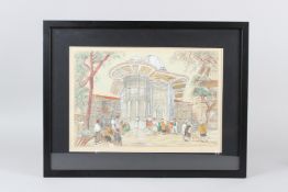AZAPKAPI CESMESI (TURKISH). FIGURES GATHERING BY A MOSQUE, pencil, watercolour, signed, framed and