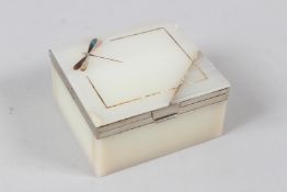 A GOOD ONYX SILVER MOUNTED SQUARE BOX, with a dragon flying.