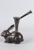 AN UNUSUAL 19TH CENTURY INDIAN BRASS RABBIT SHAPED HUQQA. 26cms at highest point