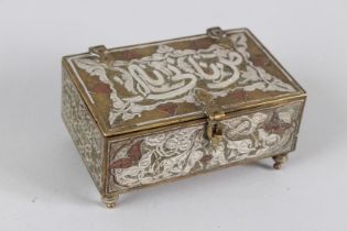 A 19TH CENTURY SYRIAN SILVER AND COPPER INLAID BRASS BOX. 11cms wide.