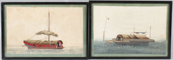 CHINESE SCHOOL (19TH CENTURY) Two cargo boats gouache on pith paper 18 x 28cm (2)