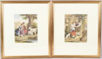 VICTORIAN SCHOOL Couple at a doorway with rabbit and family at a lakeside with goats pair of