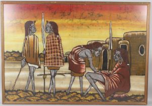 AFRICAN CONTEMPORY Four figures in traditional village batik 67 x 98cm