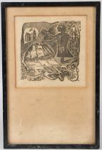 MANNER OF DAVID JONES Priest like figure with sailing ship and church woodcut print Matthias Watts &