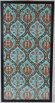 AN OTTOMAN TURKISH ISLAMIC TEXTILE, turquoise ground with stylised embroidered design, framed and