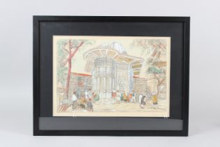 AZAPKAPI CESMESI (TURKISH). FIGURES GATHERING BY A MOSQUE, pencil, watercolour, signed, framed and