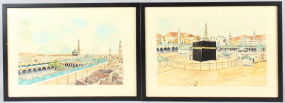OTTOMAN TURKISH ISLAMIC. MECCA AND MEDINA, cityscapes, watercolour, a pair. 52cms x 37cms.