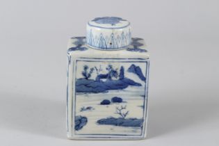 A CHINESE BLUE AND WHITE TEA CADDY. 5ins high.