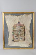A JEWISH FRAMED AND GLAZED PICTURE ON PARCHMENT, ILLUMINATED MANUSCRIPT. 28ins x 18ins.