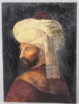 OTTOMAN TURKISH SCHOOL. BUST LENGTH PORTRAIT OF SULTAN MEMMET, oil on board, unframed. 31cms x