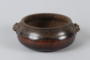 A FINE CHINESE BRONZE INCENSE BURNER with lion mask handles. Weight 3.137kg. Six character mark.