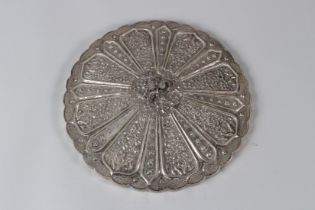 A GOOD CHINESE SILVER CIRCULAR MIRROR with ten floral panels with birds. Mirror on the reverse.