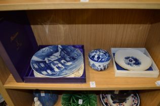 Two Meissen blue and white plates and a blue and white bowl and cover.