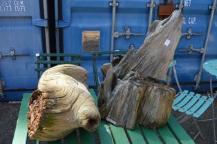 Two driftwood sculptures.