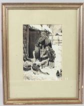 DAVID SOLOLMONOVICH KHAIKIN (1927-2008) Winter scene of a woman and child feeding geese monochome