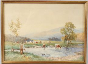 DAVID BATES (1840/41-1921) Landscape with farmer and cattle at a rivers edge watercolour signed 26 x