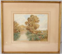 ROBERT CRESSWELL BOAK Lady and children on a riverbank watercolour signed and inscribed 'Barcombe