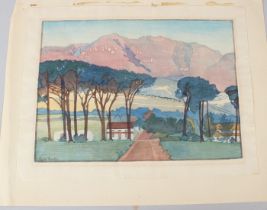 ELIZABETH CLAYTON BARTELS View along a road towards trees and mountains woodcut signed unframed 25.5