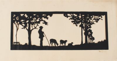 HANS BRASCH (1882-1973) Woodland scene of a shepherd and flock paper cut out silhouette signed 11