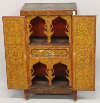 A VERY FINE AND UNUSUAL PAINTED AND LACQUERED INDIAN POSSIBLY KASHMIRI WOODED CABINET. 95cm x 54cm x