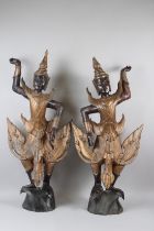 A PAIR OF THAI CARVED WOOD DANCING FIGURES