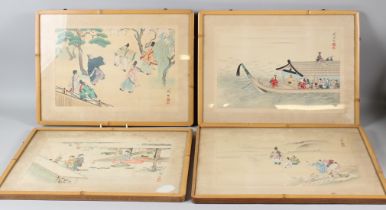 A SET OF JAPANESE WOODBLOCK PRINTS early/ mid 20th Century, each depicting figures in a landscaped