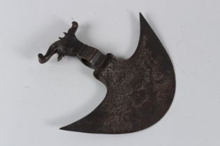 A19TH CENTURY PERSIAN QAJAR ENGRAVED STEEL AXE HEAD 24cm x 21cm