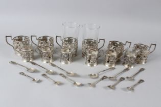 A SET OF PERSIAN WHITE METAL CUP HOLDERS AND SPOONS (24) 32gms large cup 7cm diamenter, small cup