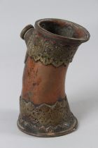A RARE 18TH CENTURY INDIAN BALTISTAN BRASS MOUNTED COPPER HUQQA BASE/ BOTTLE VASE. 19cm high