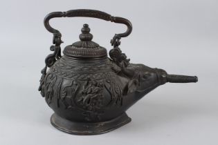 A RARE AND UNUSUAL INDIAN BRONZE EWER with bull's head spout and figural decoration on the sides.