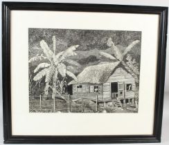 AL AKONG Caribbean homestead scraper board drawing signed 37 x 49cm