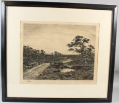 FREDERICK ALBERT SLOCOMBE (1847-1920) Landscape with figure on a bridge engraving signed in pencil