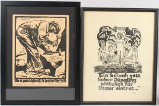 GERMAN SCHOOL (20TH CENTURY) Stonemason woodcut initialled RW in the print signed and inscribed
