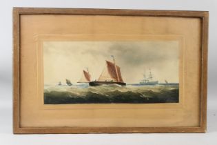 MARITIME SCHOOL (19TH CENTURY) Fishing boats and ships at sea watercolour 24 x 51cm