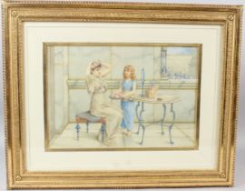 WILLIAM ANSTEY DOLLOND (1858-1929) Interior scene of a woman and girl holding flowers watercolour