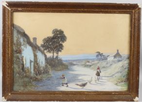 JOHN WHITE (1851-1933) Landscape and cottages with a woman and child feeding geese watercolour