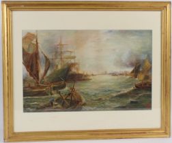 CIRCLE OF WILLIAM LIONEL WYLLIE Busy River Thames view with St Pauls in the distance watercolour