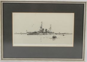 ROWLAND LANGMAID (1897-1956) Royal Navy warship at anchor etching signed in pencil 14.5 x 17.5cm