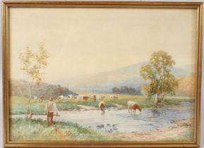 DAVID BATES (1840/41-1921) Landscape with farmer and cattle at a rivers edge watercolour signed 26 x