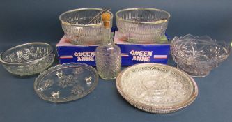 Glassware includes Queen Anne salad bowls, hors d'oeuvre dish, fruit bowl, decanter