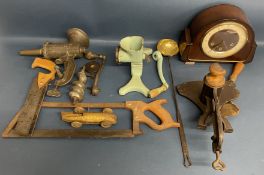 Collection of Kitchenalia including a marmalade slicer & two mincers, an Art Deco clock & a