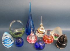 10 glass paperweights, all unmarked, includes Mdina style basket, teardrop, egg etc