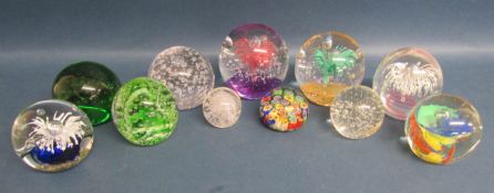 11 glass paperweights, all unmarked, includes millefiori, bubble etc
