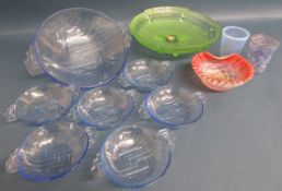 Glassware includes uranium decorated dish, green glass footed dish, fruit bowl and dishes,