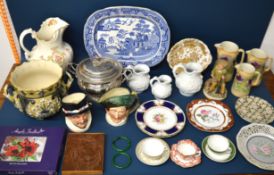 Various ceramics, including Furstenberg wine jugs, majolica jardinière (damaged), Royal Crown