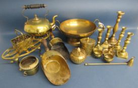 Brass ware includes ceramic handled bowl, trivets, kettle, candlesticks etc
