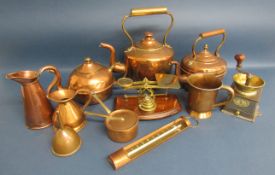 Copper and brass kitchen items includes scales with weights, British Made cooking thermometer, jugs,